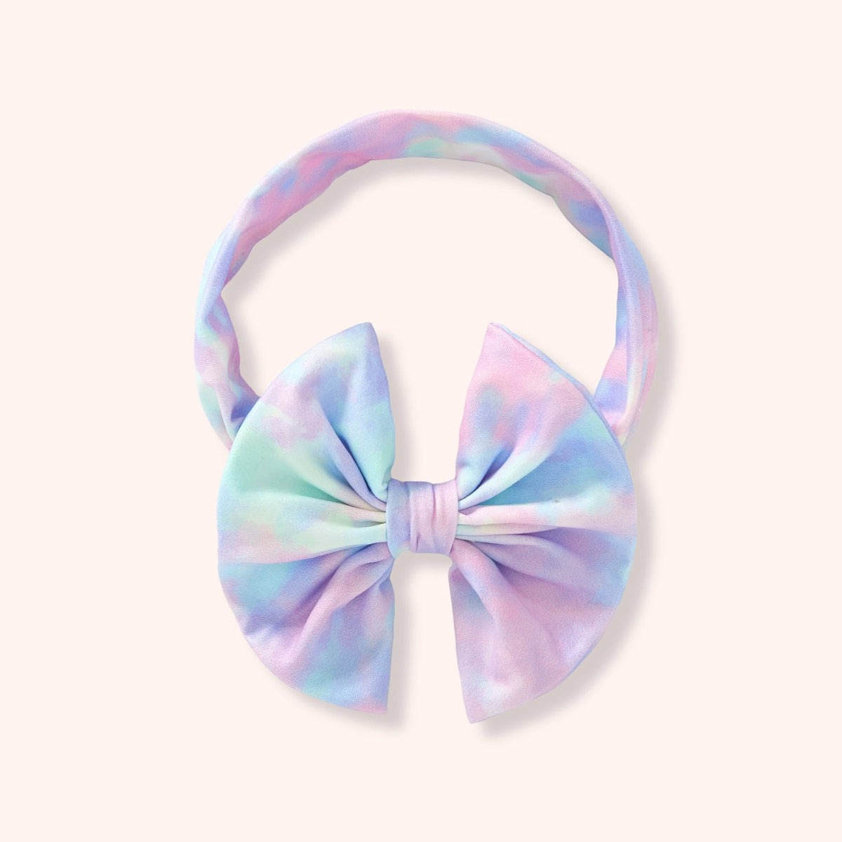 Pete & Lucy Cotton Candy Swirls headband with a large bow in pastel pink, lavender, blue, and mint.