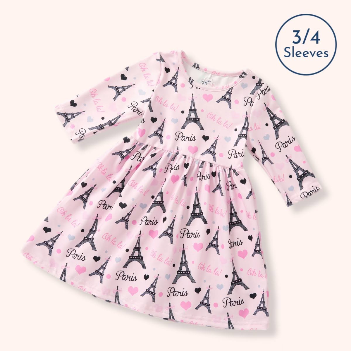 Paris Oh La La! Girl Dress - pink Eiffel Tower and heart print 3/4 sleeve dress flat lay