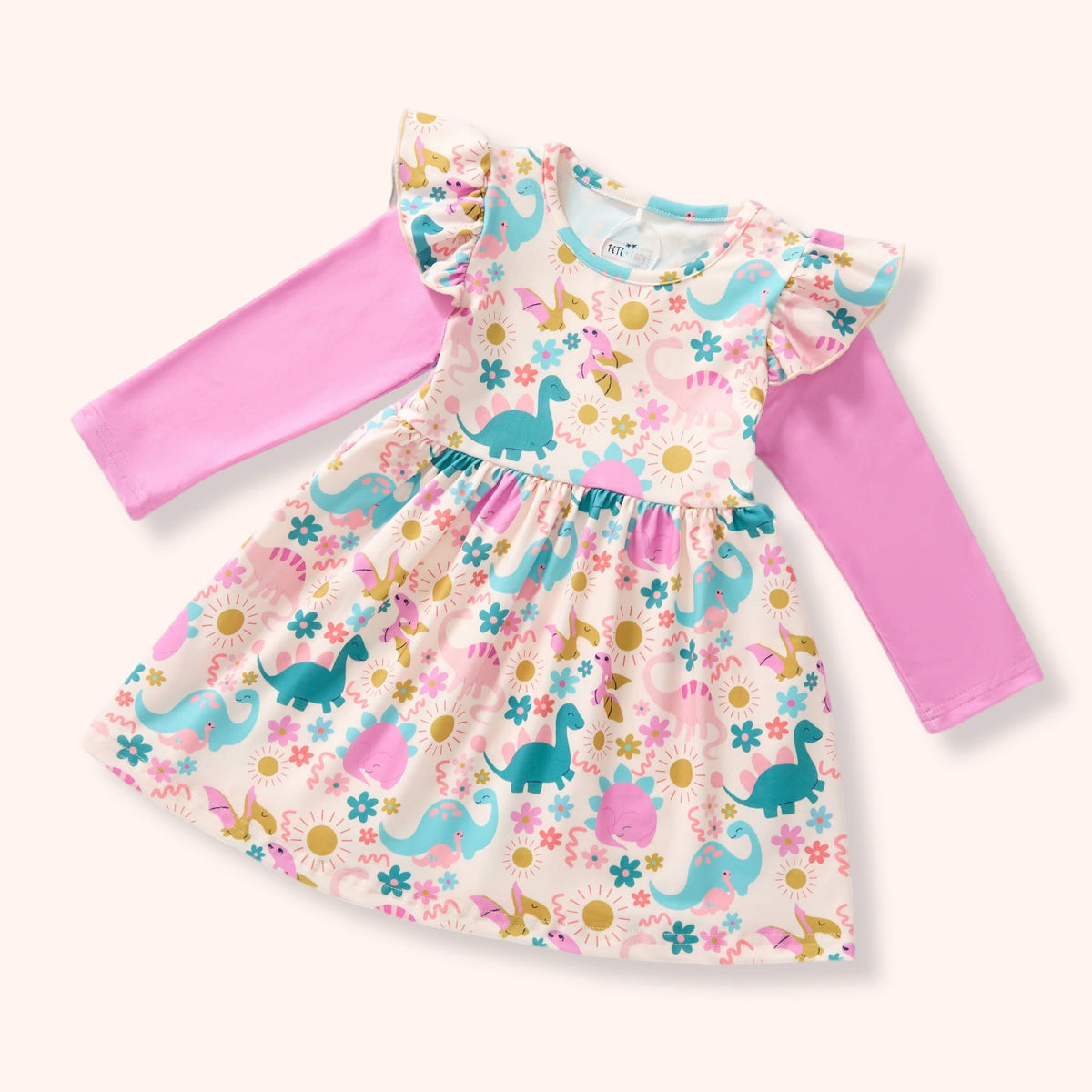 Colorful Jurassic Dreams dinosaur-print dress with pink sleeves