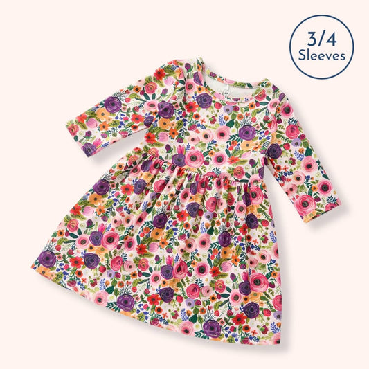 Bloom Burst Girl Dress - cream background with pink, purple and orange floral rose print, 3/4 sleeves