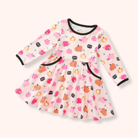 Boo-tiful Patch Dress flat lay - pumpkin print long sleeve twirl dress with black trim
