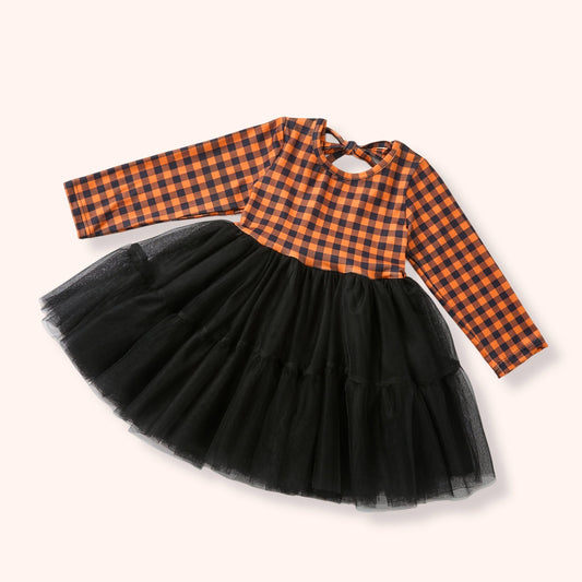 Orange-and-black Harvest Gingham dress with a full black tulle skirt