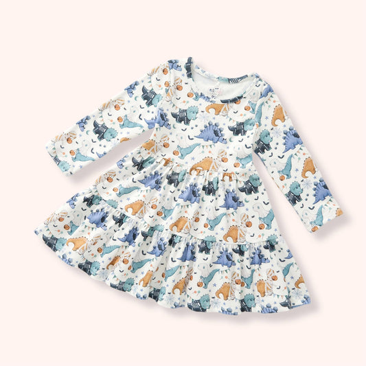 Trick-or-Saurus Dress flat lay - Halloween dinosaur print tiered twirl dress