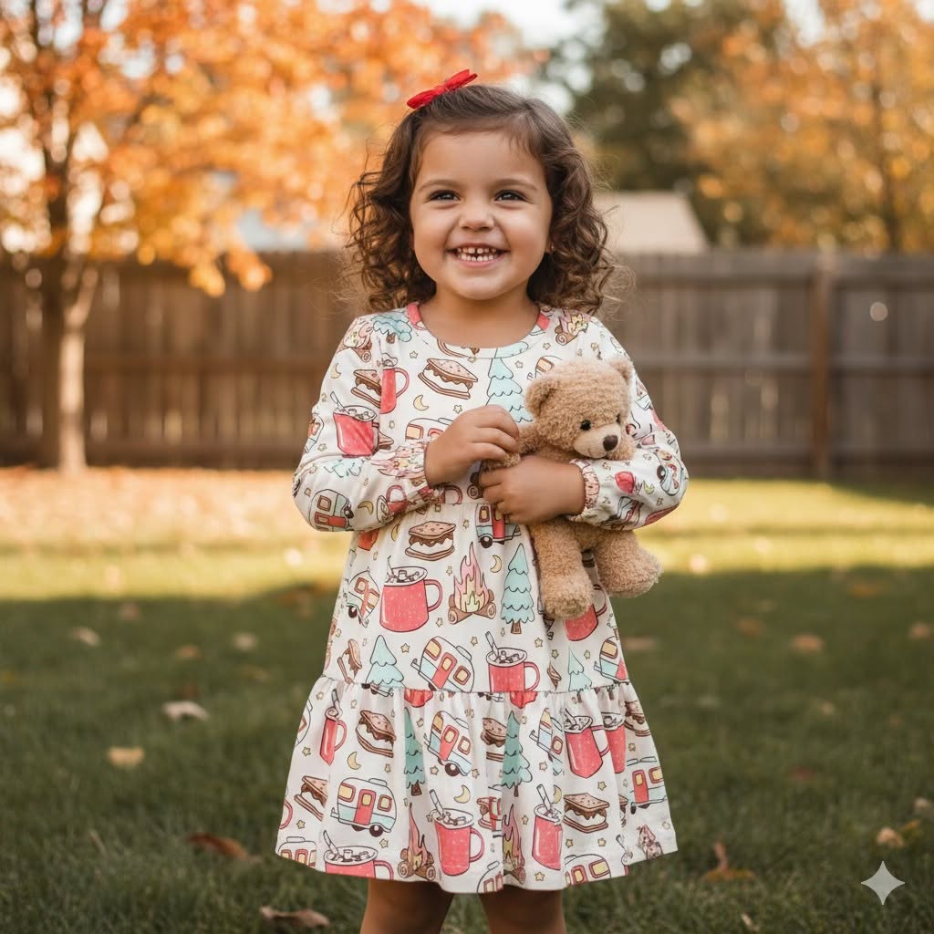 Camping Crew dress on child model with teddy bear