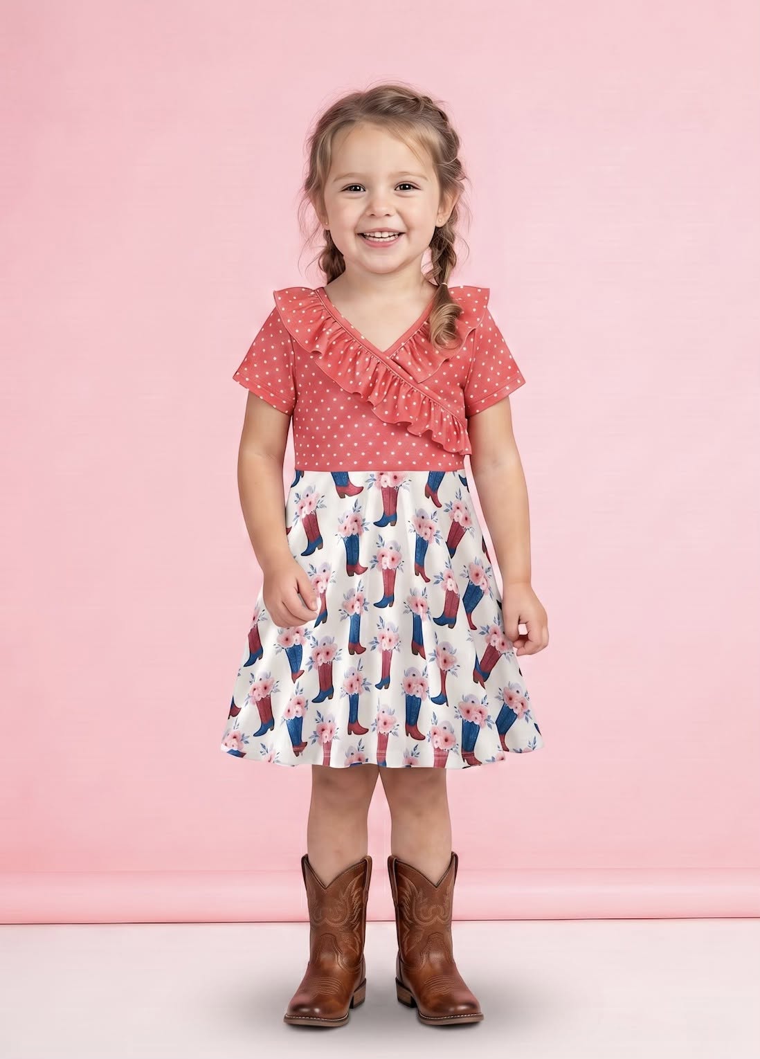 Boots and Blooms Girl Dress on model - girl wearing pink ruffle dress with cowboy boots print skirt