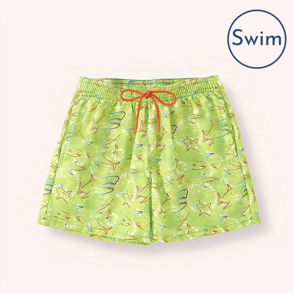 Fin Frenzy Swim Trunks - lime green shark print with orange drawstring