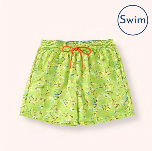 Fin Frenzy Swim Trunks - lime green shark print with orange drawstring