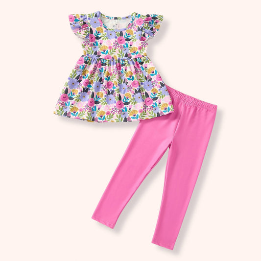 Garden Party 2 Piece Set flat lay - floral flutter top and pink leggings