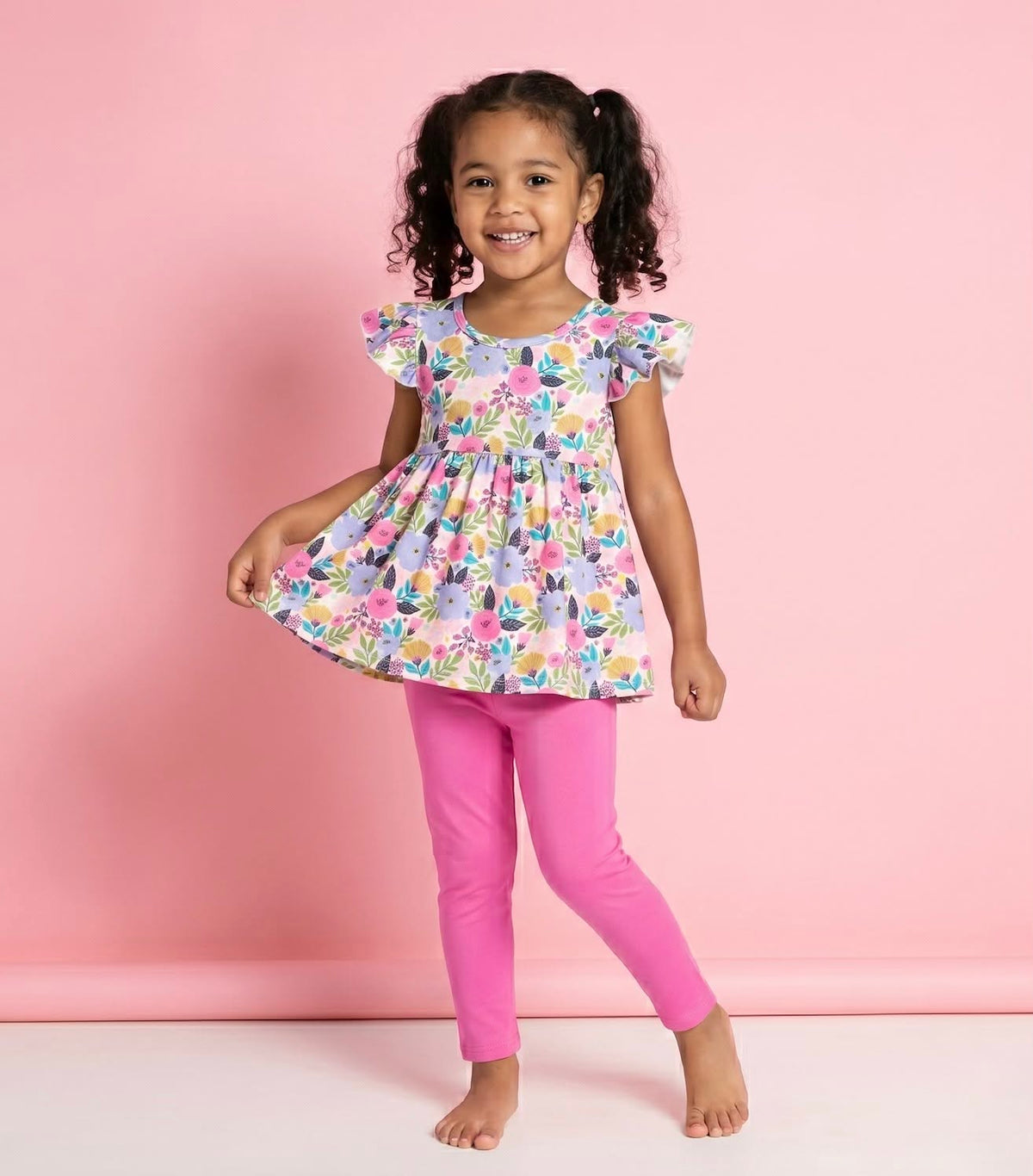 Garden Party 2 Piece Set on model - girl wearing floral top and pink leggings