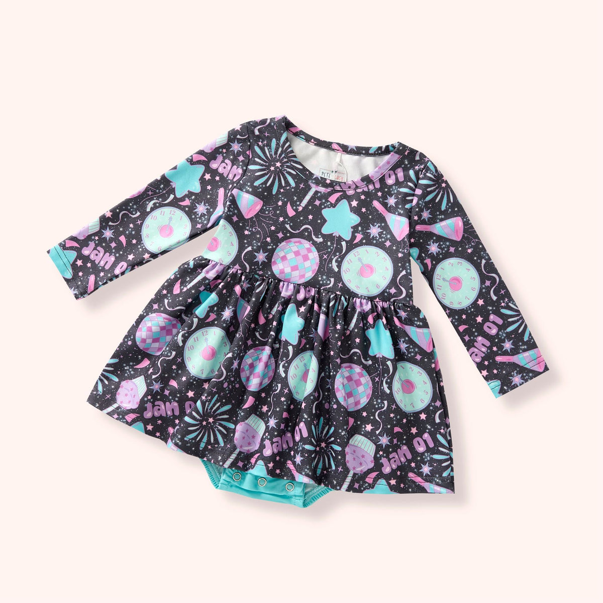 Pete + Lucy Ball Drop infant girl romper with colorful print and gathered skirt