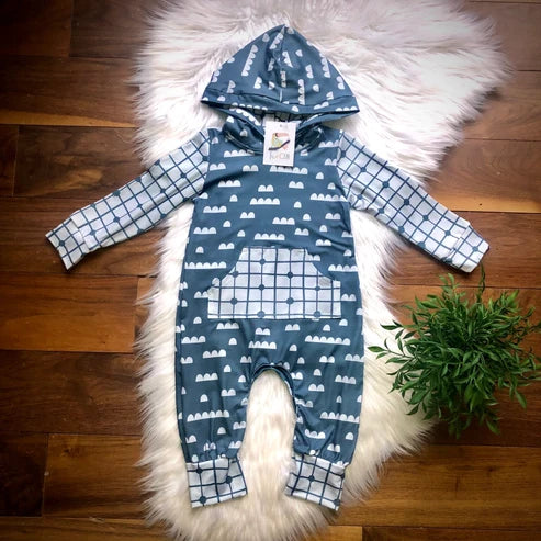 Grey Clouds Hooded Infant Romper by TwoCan - slate blue cloud print with grid sleeves and kangaroo pocket