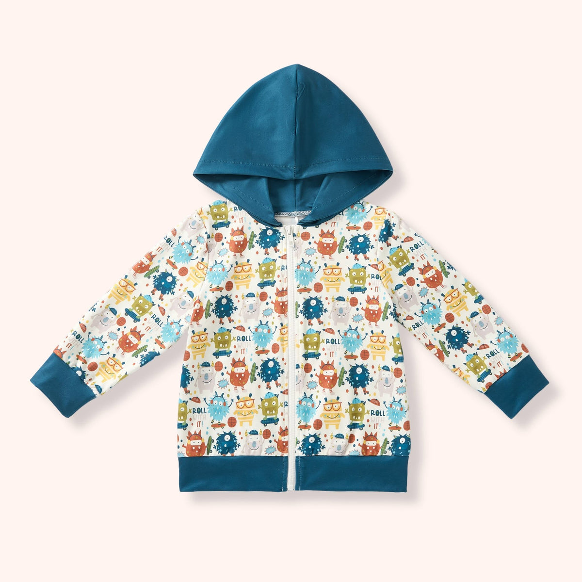 Monster Crew zip hoodie with colorful monster print and teal hood and trim
