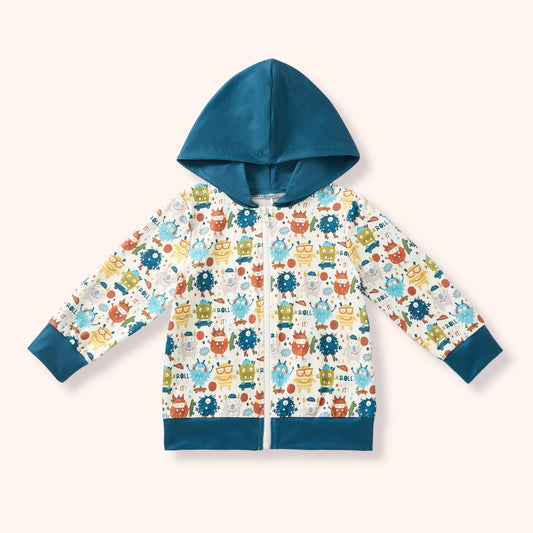 Monster Crew zip hoodie with colorful monster print and teal hood and trim