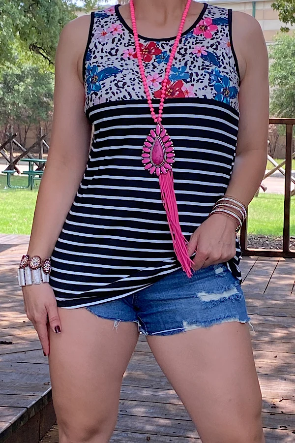 Adult Southern Stitch tank top with floral and leopard-print upper panel and black-and-white striped body.