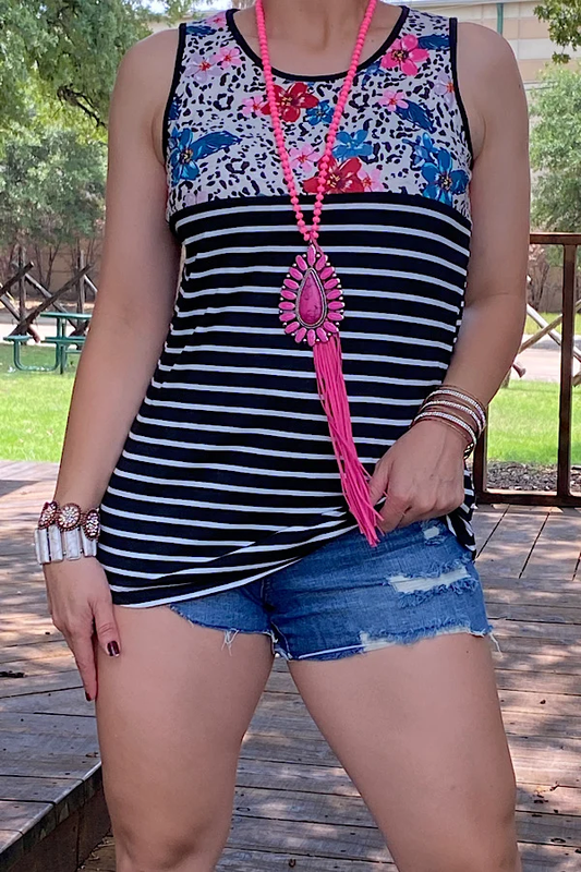 Adult Southern Stitch tank top with floral and leopard-print upper panel and black-and-white striped body.
