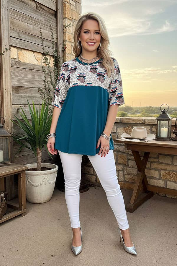 Full front view of women's teal color-block top with leopard mouth print and short sleeves