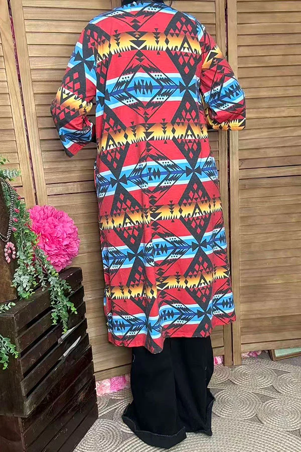 Back view of multicolor Aztec print women's cardigan.