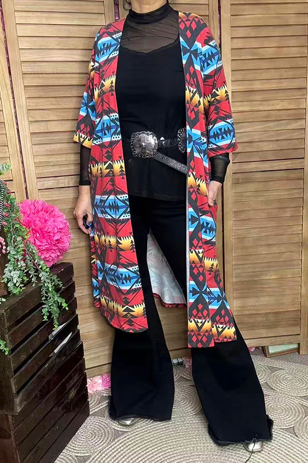Front view of women's red, blue, yellow, and black Aztec print three-quarter sleeve cardigan.