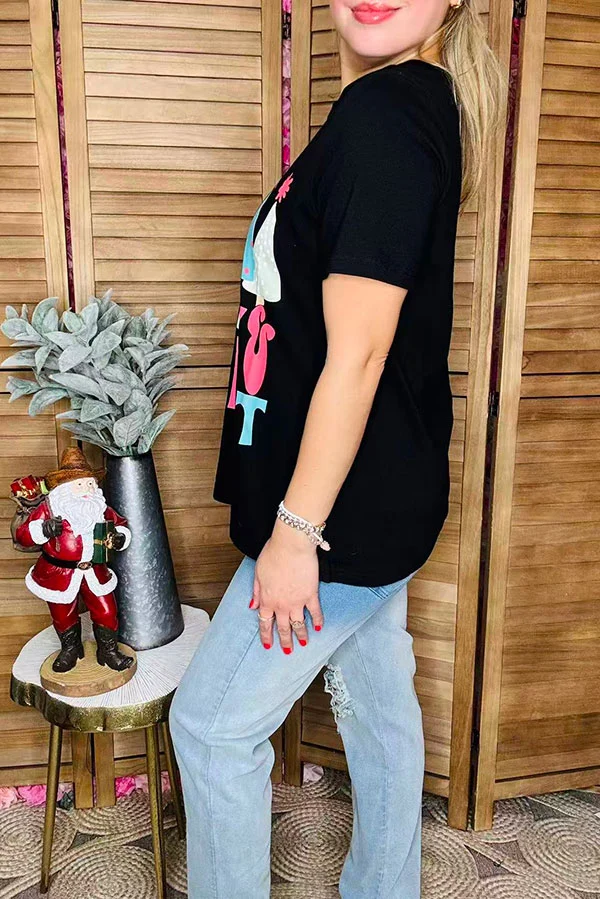 Side view of women's black short sleeve MERRY BRIGHT Christmas T-shirt
