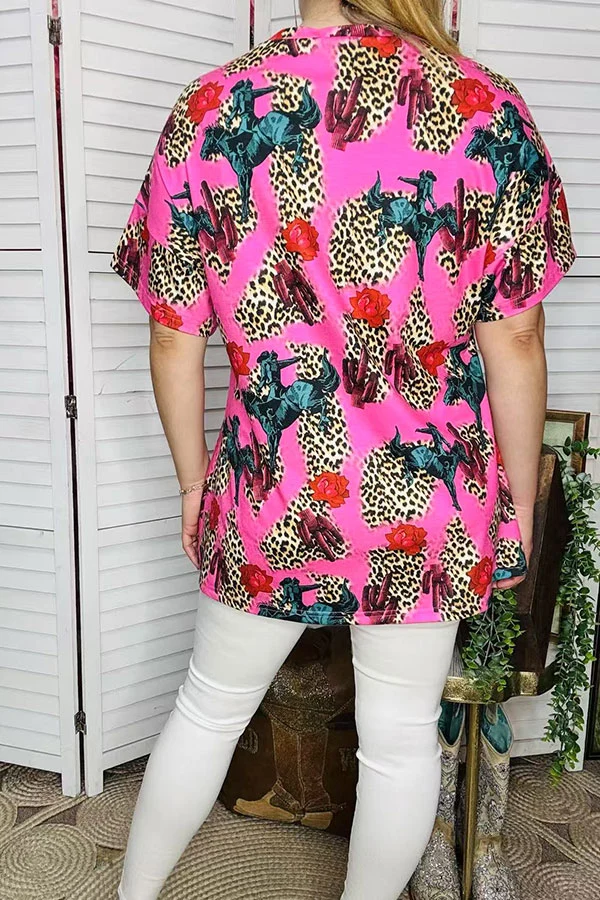Back view of pink blouse with leopard cactus rose and rider graphics