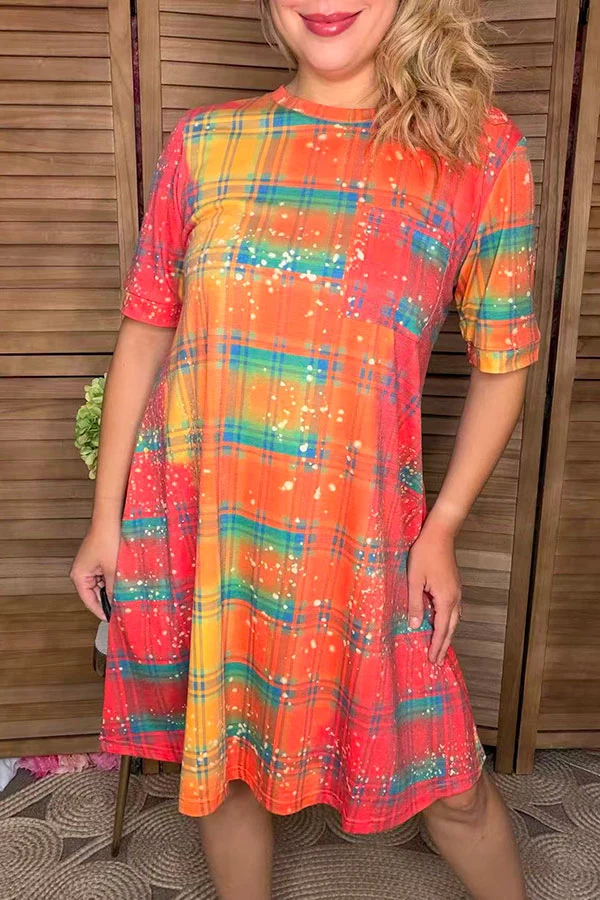 Close-up front view of multicolor checked print boutique dress