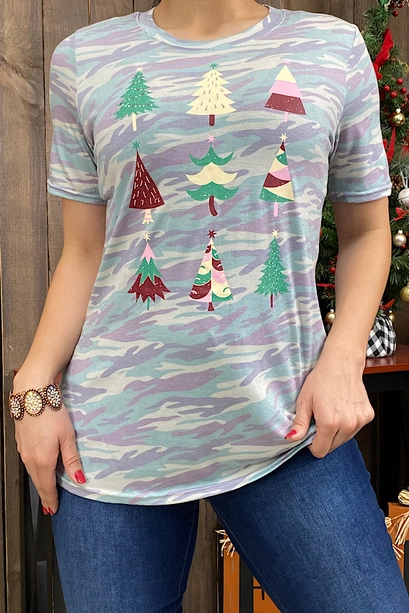 Close-up of camo short-sleeve top featuring nine multi-pattern Christmas trees
