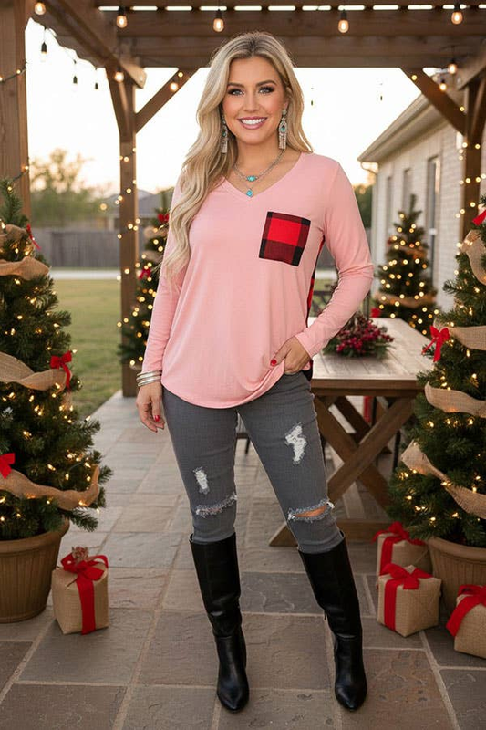 Front view of women's pink long sleeve top with red-and-black buffalo plaid chest pocket