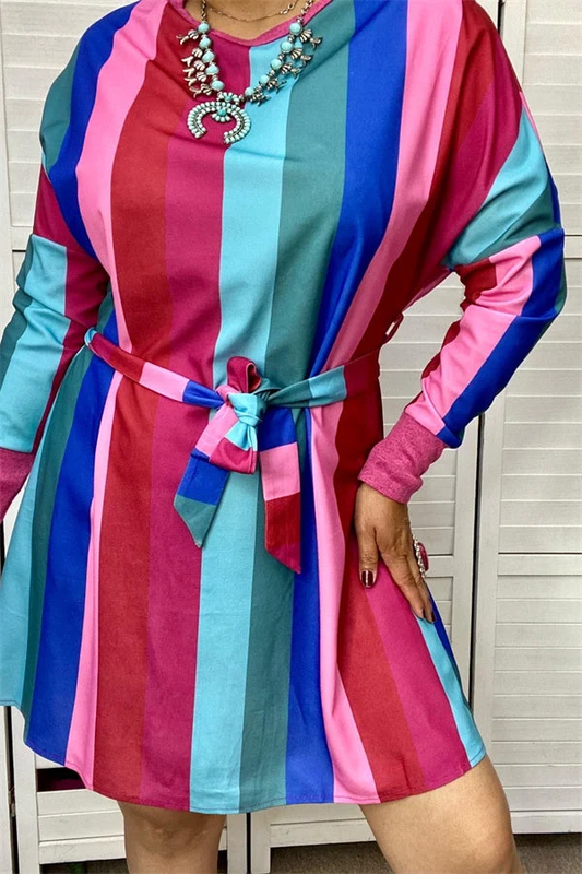 Front of women's multicolor vertically striped long-sleeve dress with matching fabric waist tie.