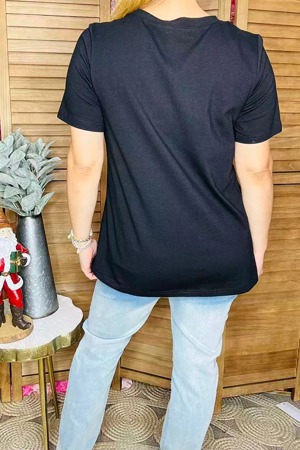 Plain black back of women's short sleeve Christmas T-shirt