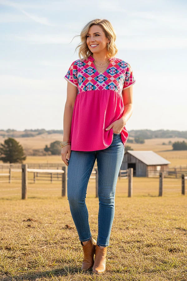 Outdoor front view of hot pink women's top with colorful geometric embroidered yoke.