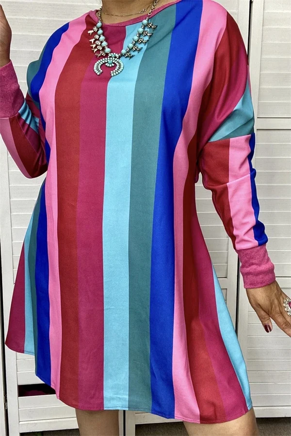 Women's pink, red, blue, and aqua striped dress shown without the waist tie.