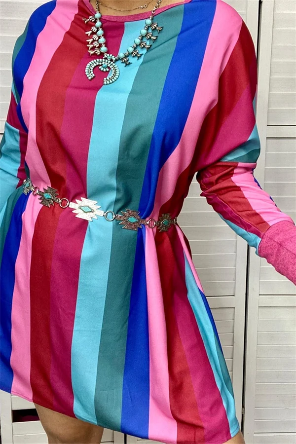 Multicolor striped long-sleeve dress styled with a decorative metal belt, not included.