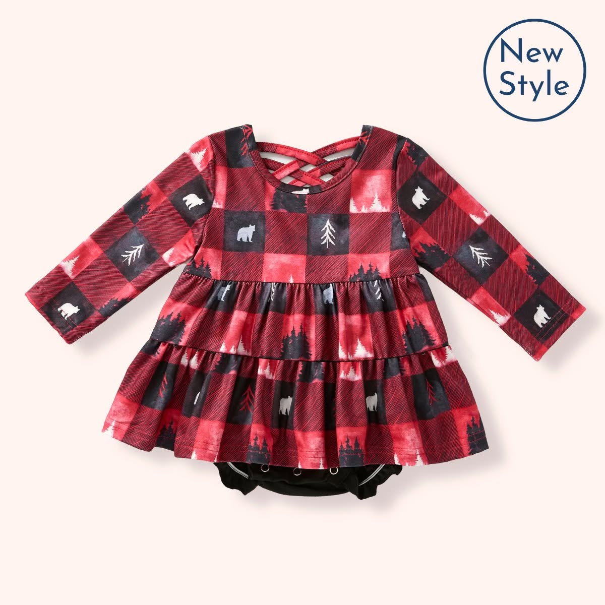 Pete + Lucy Wild Adventurer girl romper with red woodland print and gathered skirt