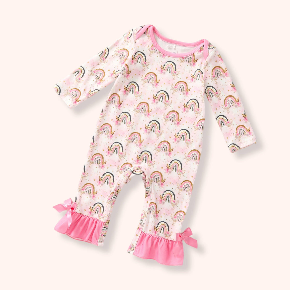 Painted Sky infant romper with pink ankle ruffles