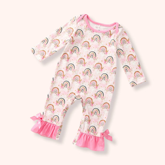 Painted Sky infant romper with pink ankle ruffles