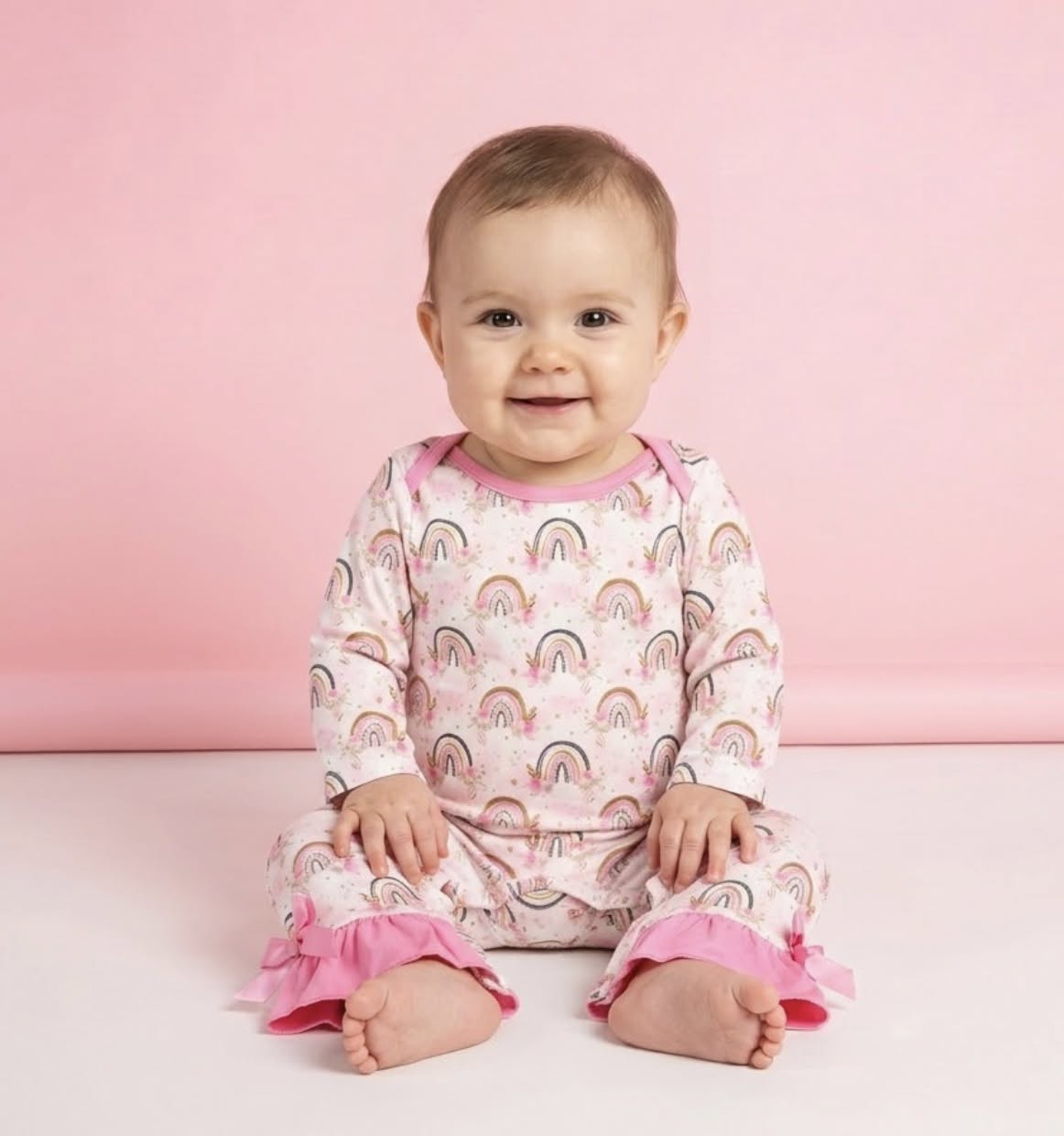 Baby wearing the Painted Sky infant romper