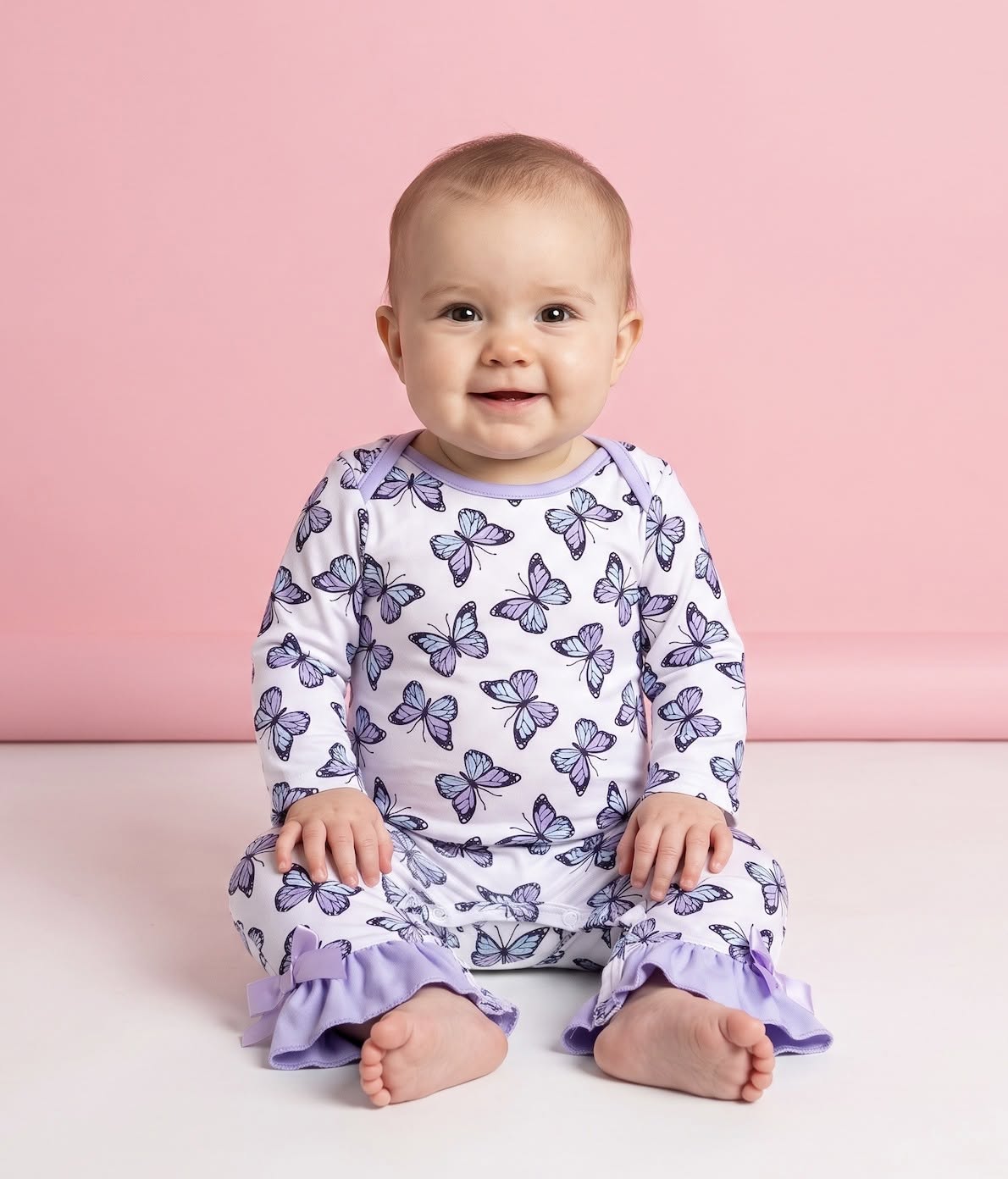Pete + Lucy Violet Wings infant romper on baby
