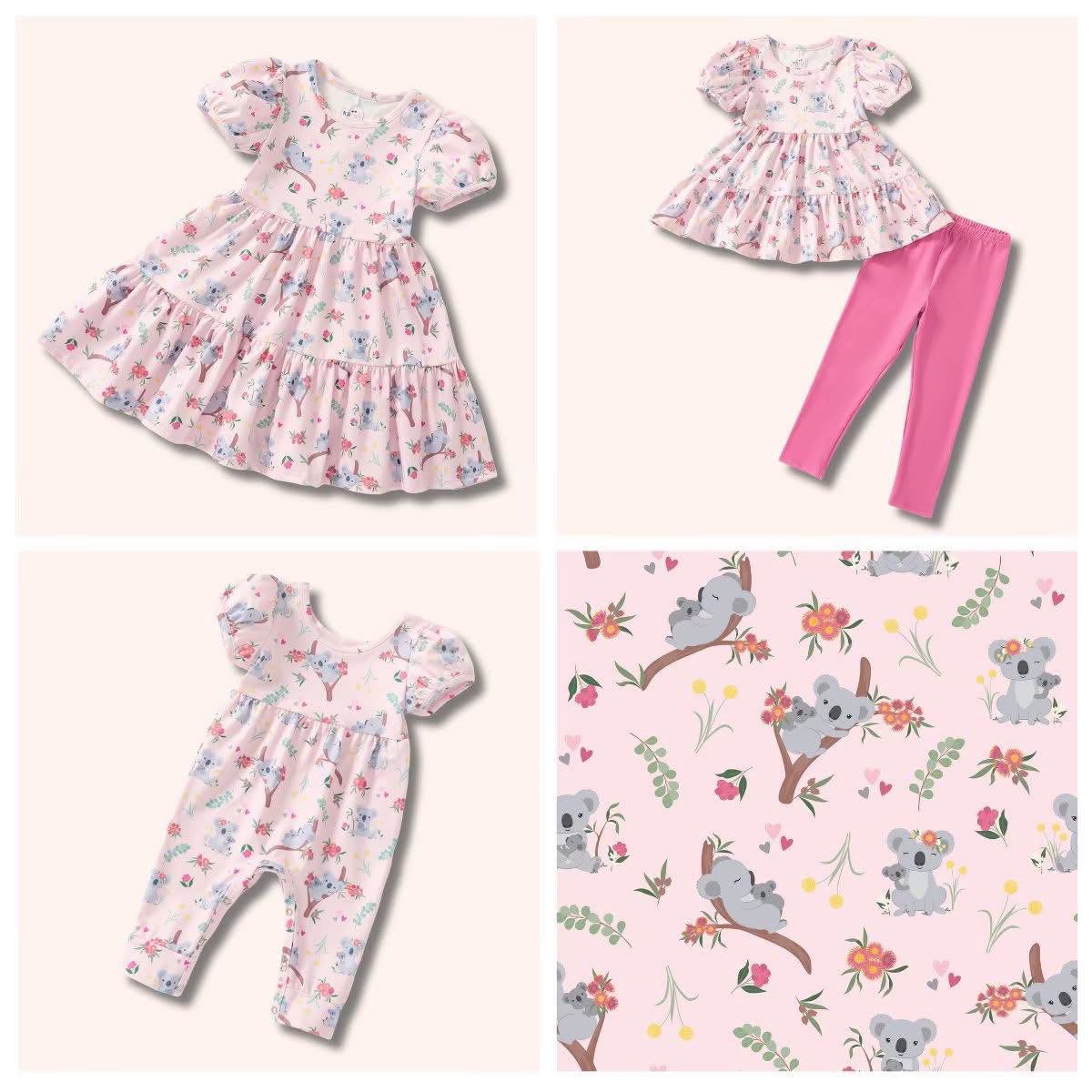 Koala Cuddles Girl Dress, 2-piece set, romper, and fabric print collage