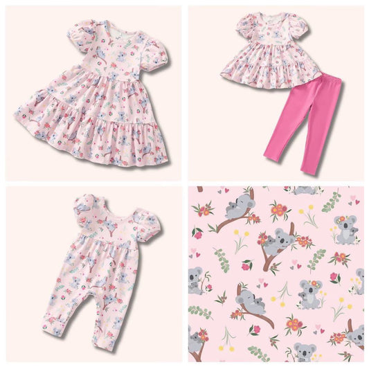 Koala Cuddles Girl Dress, 2-piece set, romper, and fabric print collage
