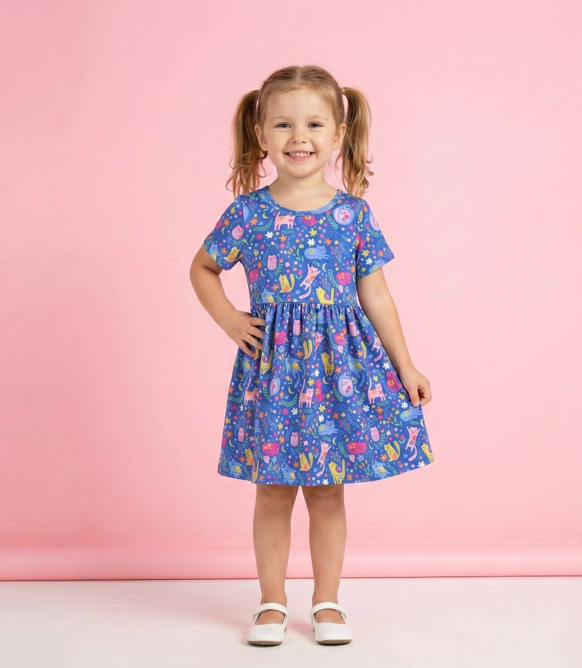 Meow Magic Girl Dress - model wearing blue cat and floral print dress