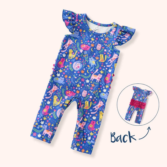 Meow Magic Girl Infant Romper - blue cat and floral print flutter romper with ruffle back detail