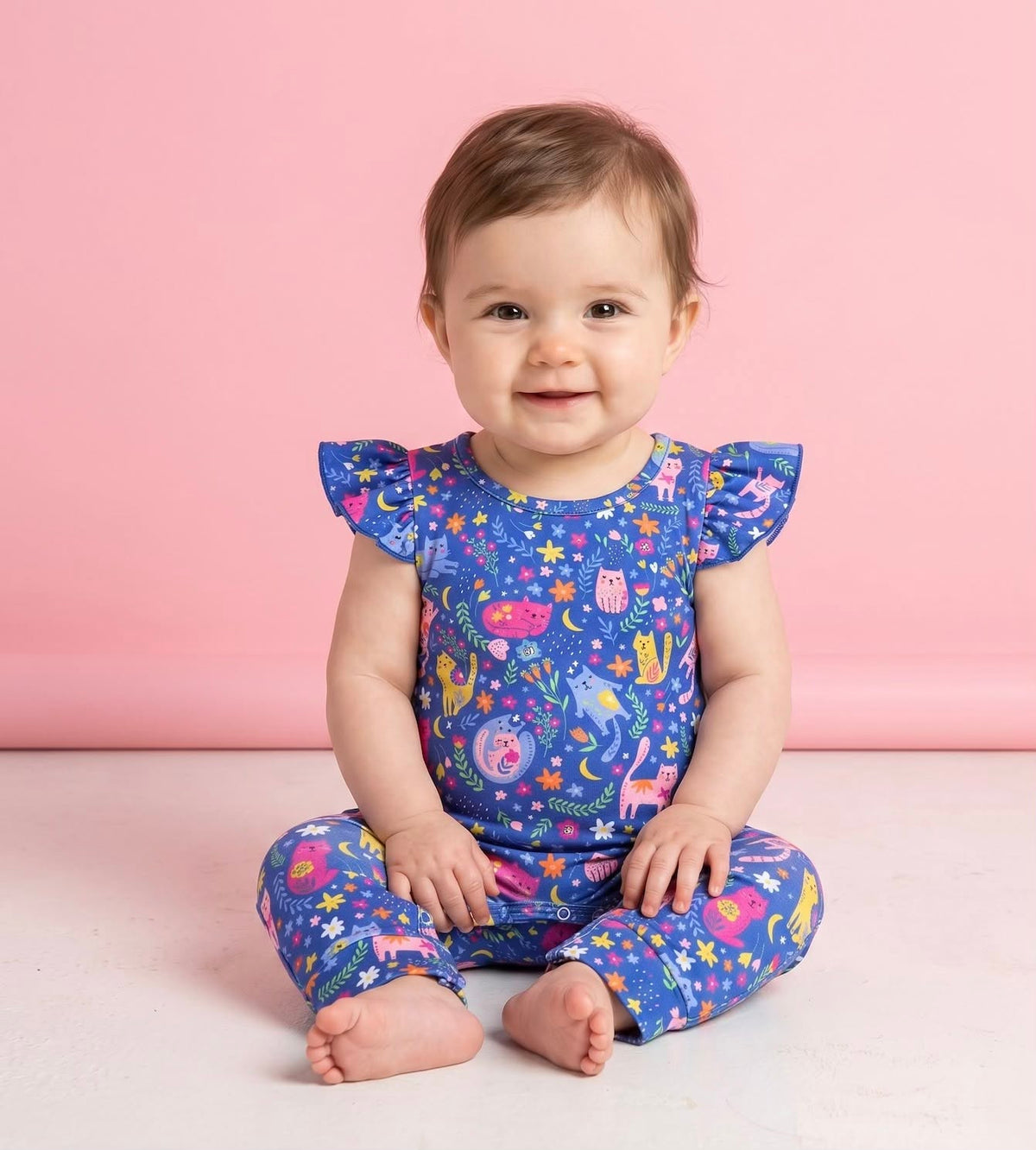Meow Magic Girl Infant Romper - baby model wearing blue cat and floral print flutter romper