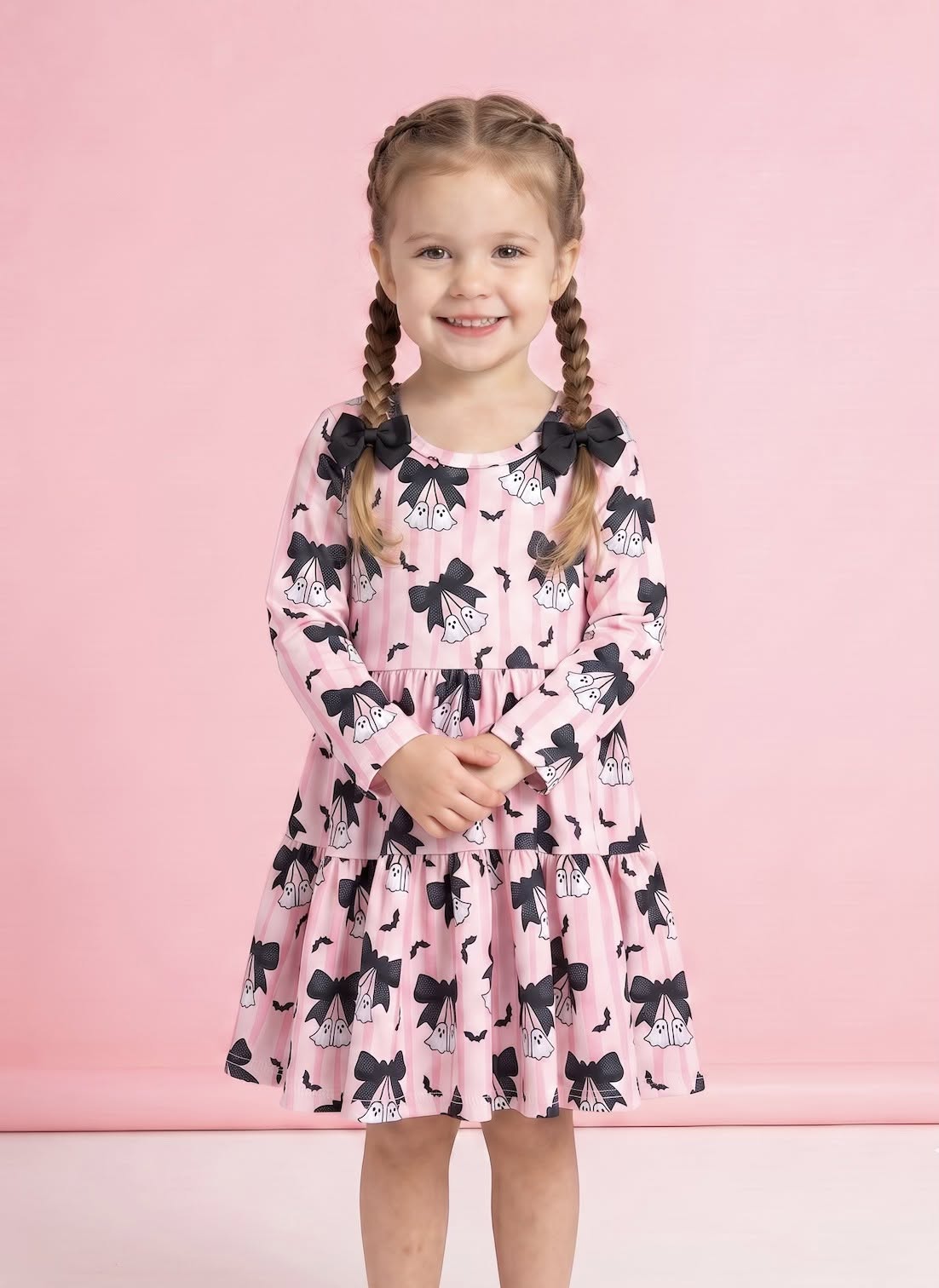Girl wearing Little Boo Bows pink dress with ghost and bow print