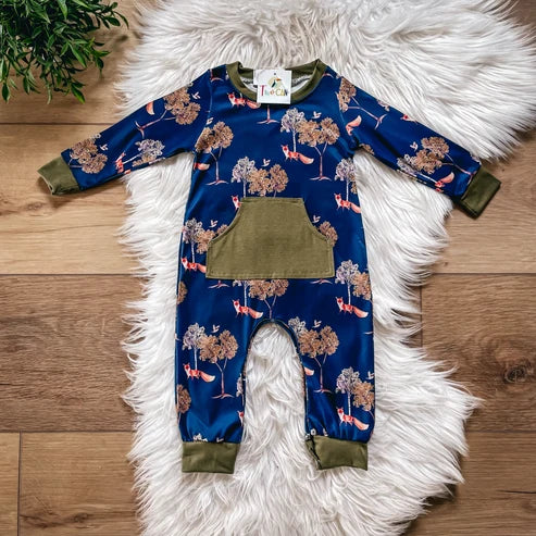 Navy Fox Infant Romper by TwoCan - navy fox and autumn tree print with olive green pocket and cuffs
