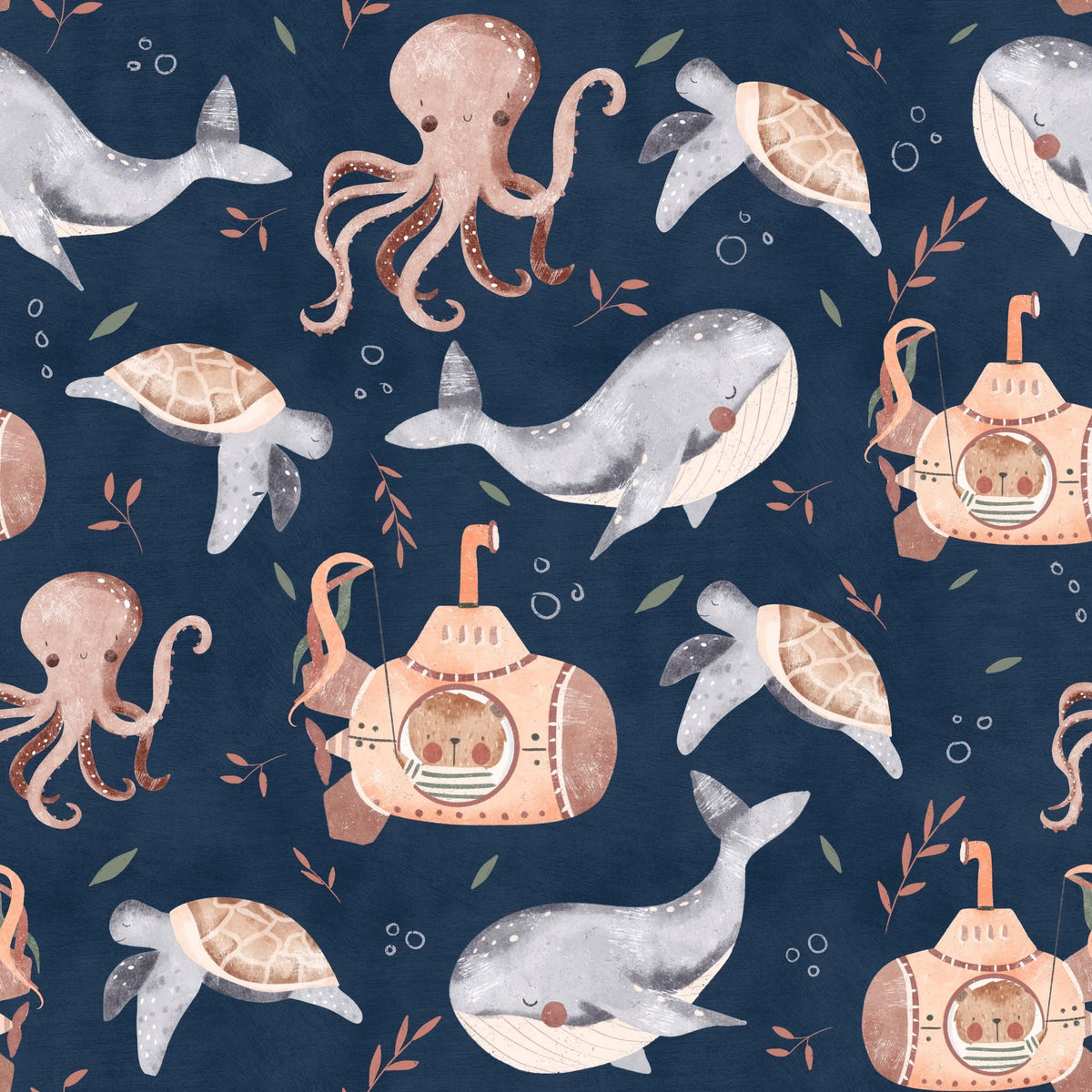 Ocean Explorer print with whales, turtles, an octopus, and submarine illustrations on a navy background
