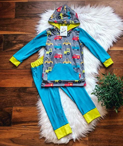 On The Go Jogger Set by TwoCan - gray vehicles print hoodie with teal sleeves and matching jogger pants
