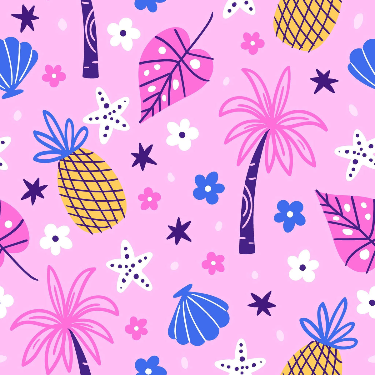 Palm Breeze print with tropical leaves, pineapples, shells, and flowers on a pink background