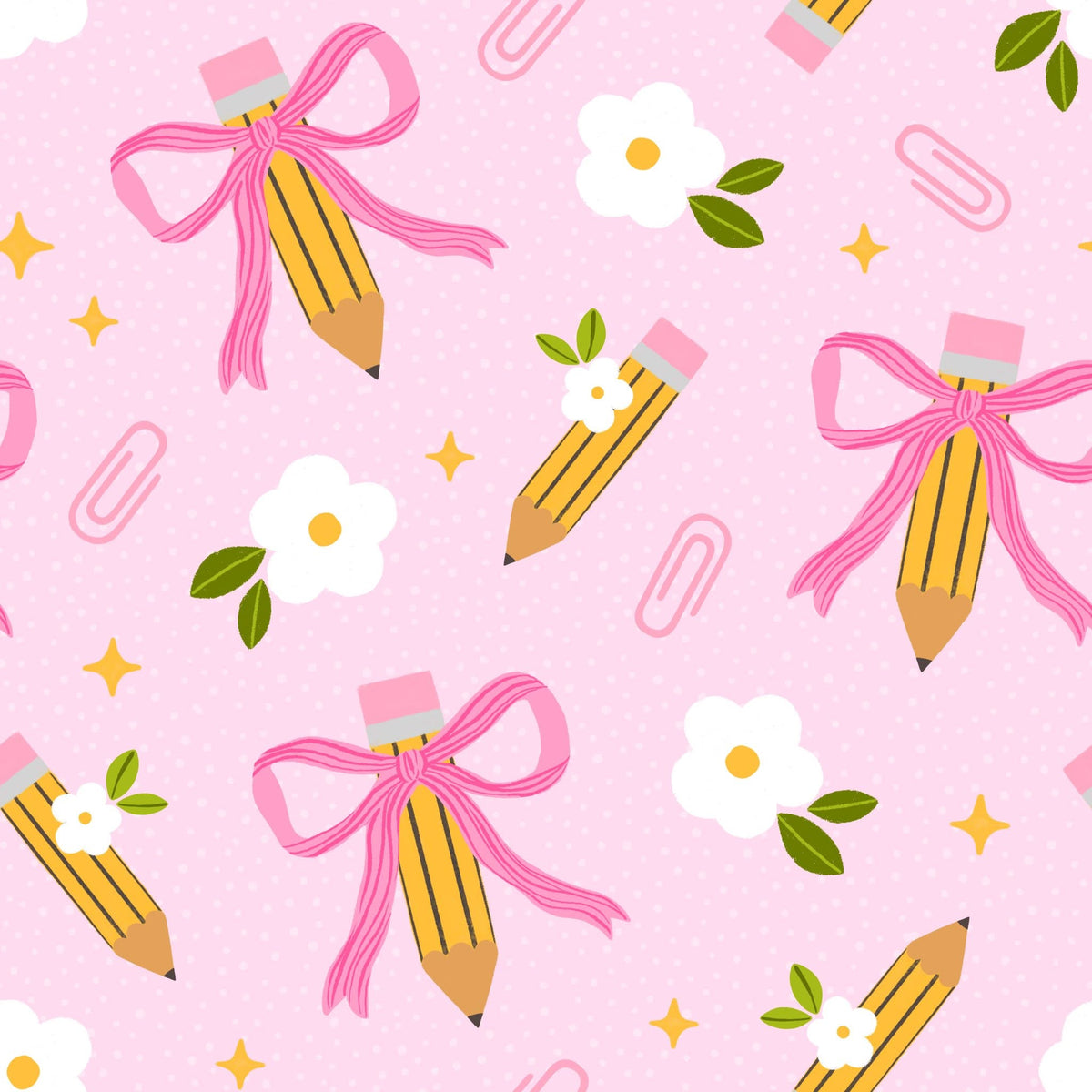 Doodle Days print with pencils, bows, flowers, and leaves on a pink background