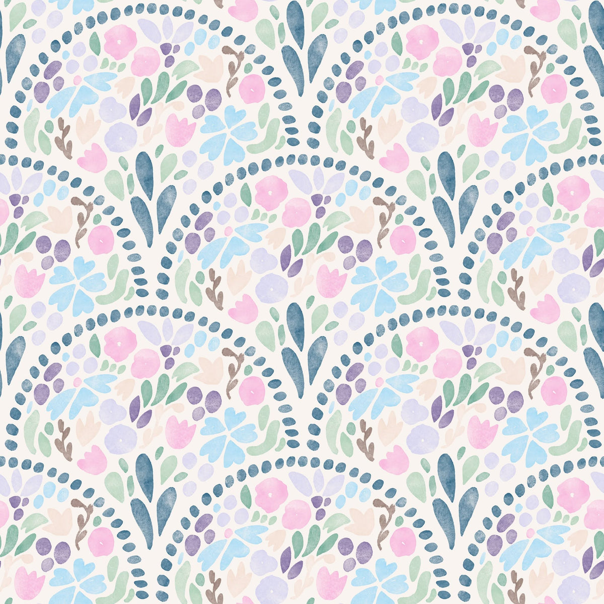 Graceful Garden print with pastel flowers and leaves in blue, pink, purple, and green