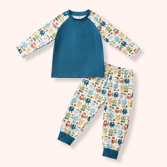 Monster Crew loungewear set with teal raglan top and monster print jogger pants